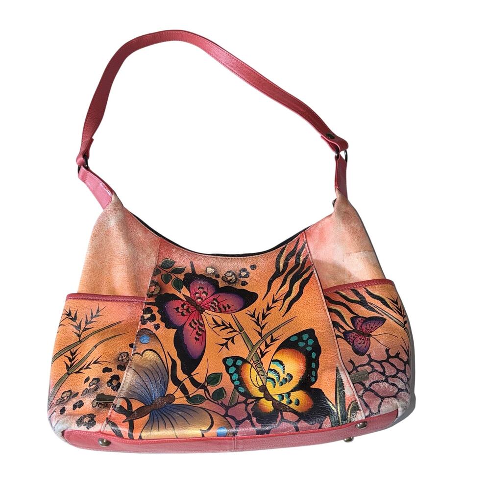 Anusckha leather orange hand painted hobo shoulder bag butterflies whimsical - Picture 2 of 13
